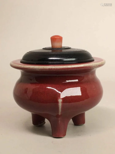Chinese Flambe Porcelain Censer with Wood …