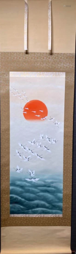 Japanese Scroll Painting - Crane on Sun