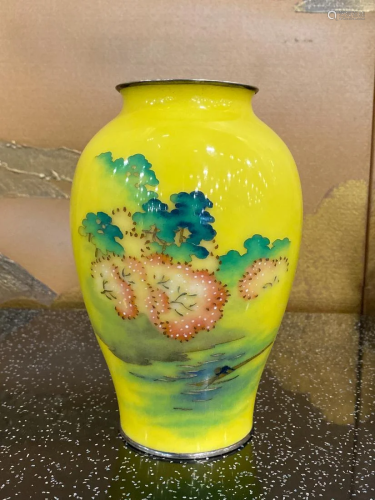 Japanese Yellow Cloisonne Vase with Landscape