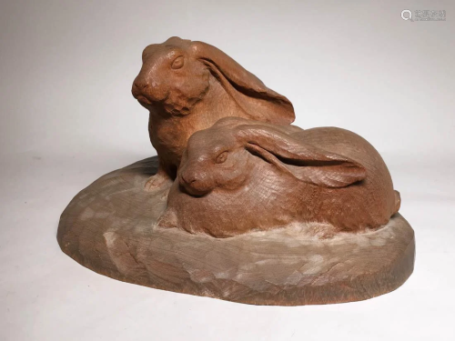 Japanese Wood Sculpture of Rabbit Group