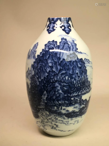 Japanese Blue White Arita Porcelain Vase - Landscape