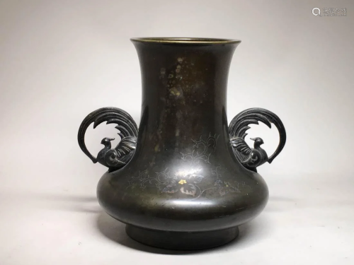 Japanese Mixed Bronze Vase - Rooster Handle