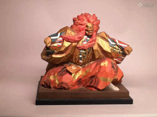 Japanese Carved Wood Kabuki Actor with Box