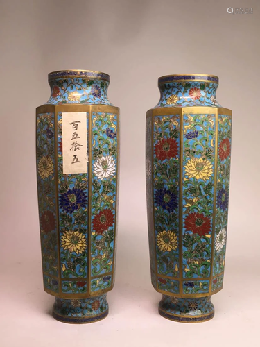 Pair Chinese 18th cen Cloisonne Vases