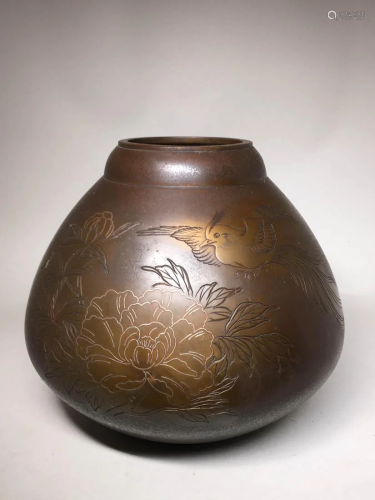Japanese Bronze Vase - Silver Wire Inlay - Bird Motif