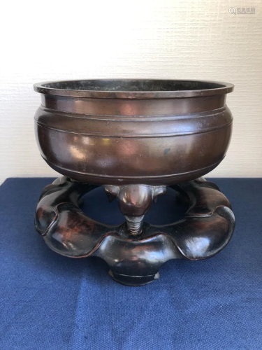 Chinese Bronze Censer with Wood Base