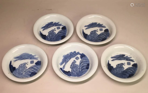 Set of Five Japanese Blue White Porcelain Dishes -