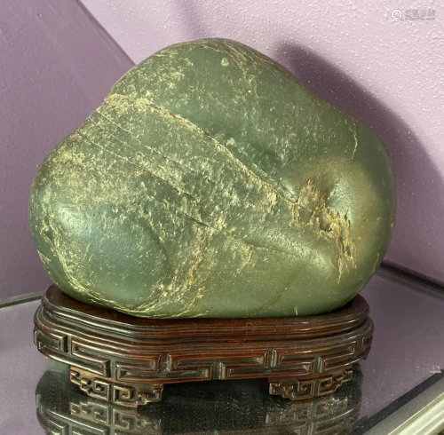 Chinese Celadon Nephrite Boulder on Stand