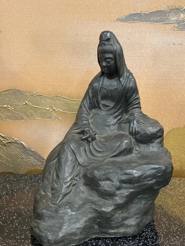 Japanese Bronze Kuanyin Seated on Rock Form…