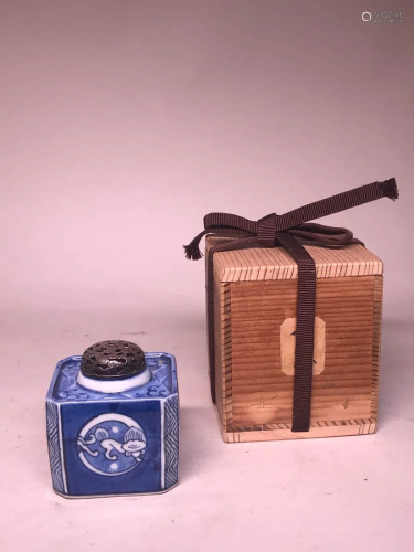 Japanese Blue White Porcelain Censer with Silver Lid