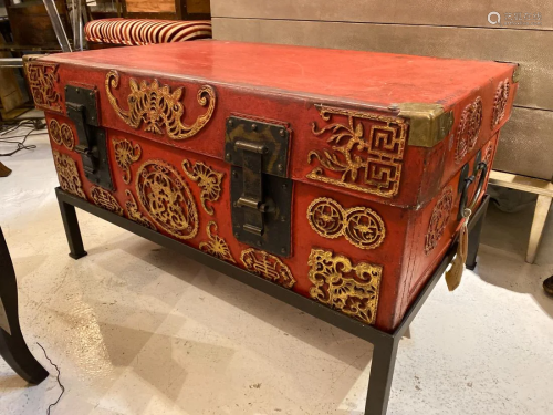 Antique Chinese Leather Trunk with Gilt