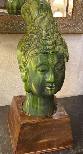 Chinese Green Pottery Kuanyin Head on Wood Base