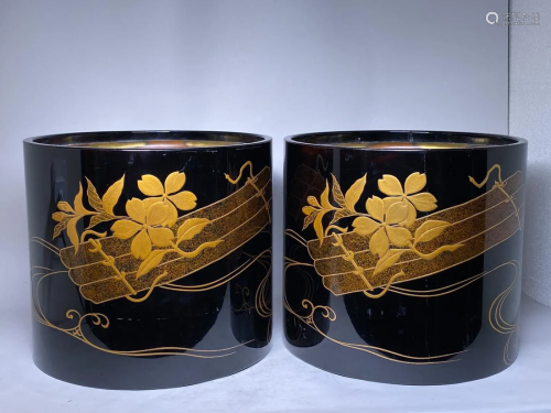 Pair Japaese Lacquer Hibachi with Gilt Bronze Liner