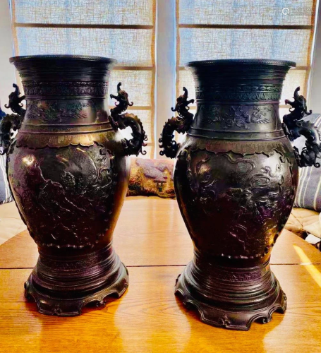 Large Pair Japanese Bronze Vase - Oni Scene