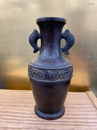 Japanese Bronze Vase with Fish Handle