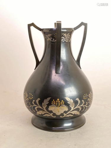 Japanese Mixed Metal Bronze Vase with Gold Inlay