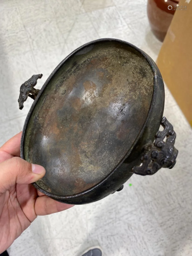 Chinese Warring State Bronze Bowl with Mask Handle