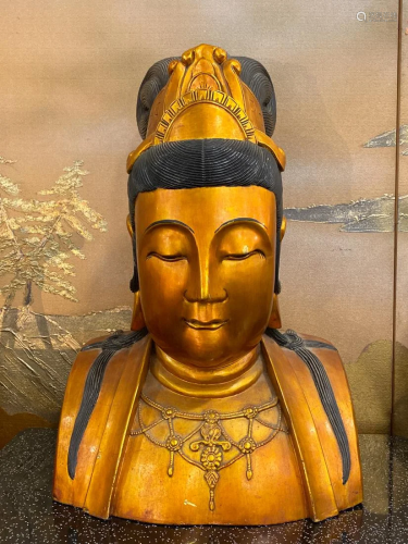 Chinese Wood Buddha Head with Gold Lacquer