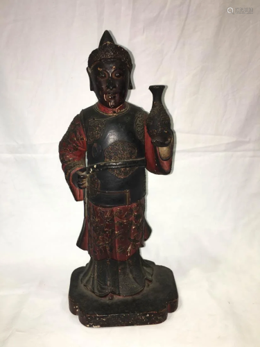 Chinese lacquered Wood Figurine Holding Vase