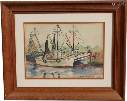 Signed, American School Watercolor of Harbor Scene