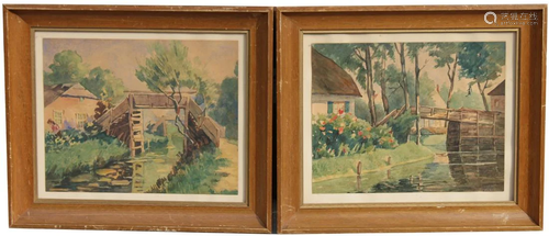 (2) Early 20th C. Watercolors of Houses Near …