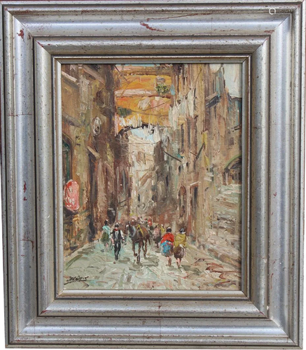 Signed, 20th C Painting of Figures in Street