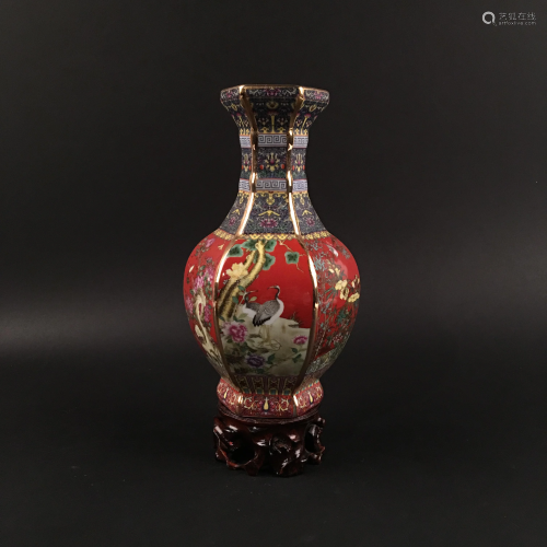 Chinese Famille Hexagon 'Red-crowned Crane' Vase