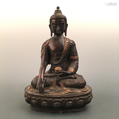 Chinese Bronze Buddha Figure Inlaid Gemstones