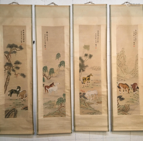 4 Pieces of Chinese Hanging Scroll of Horses, Yan…