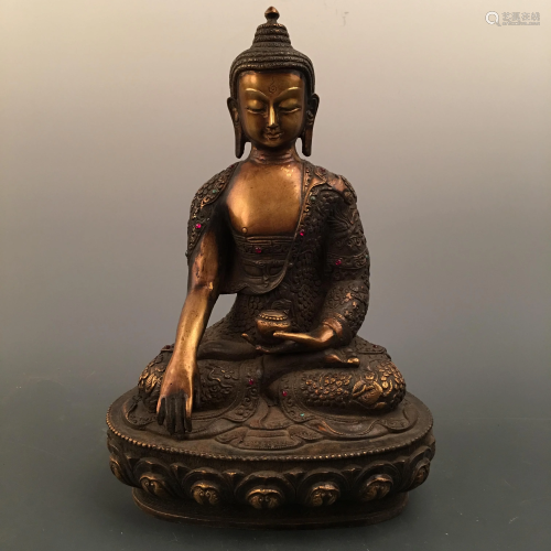 Chinese Bronze Amitabha Figure Inlaid Gemst…