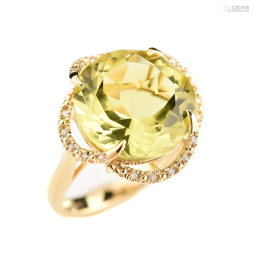 Lemon Quartz, Diamond, 14k Yellow Gold Ring.