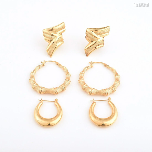 Collection of Three Pairs of 14k Yellow Gold Earrings.