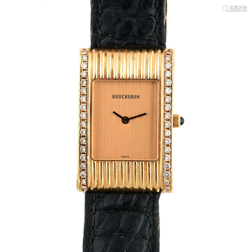 Boucheron Diamond, 18k Yellow Gold, Leather Wristwatch.