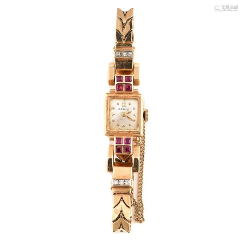 Retro Ruby, Diamond, 14k Yellow Gold Wristwatch.