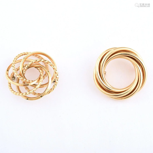 Collection of Two 14k Yellow Gold Circle Brooches.