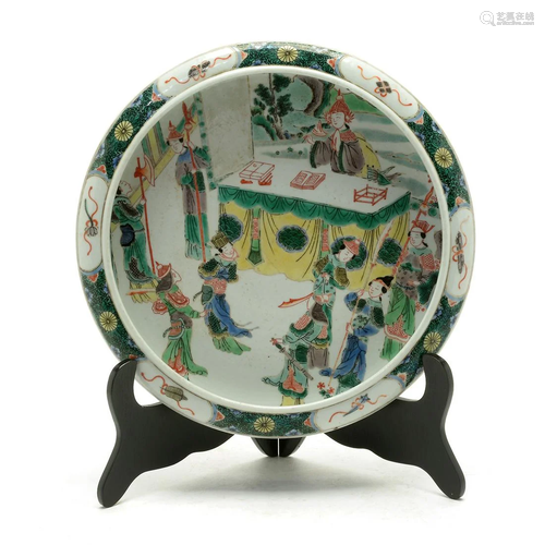 Large Chinese Famille Verte Figural Brush Washer