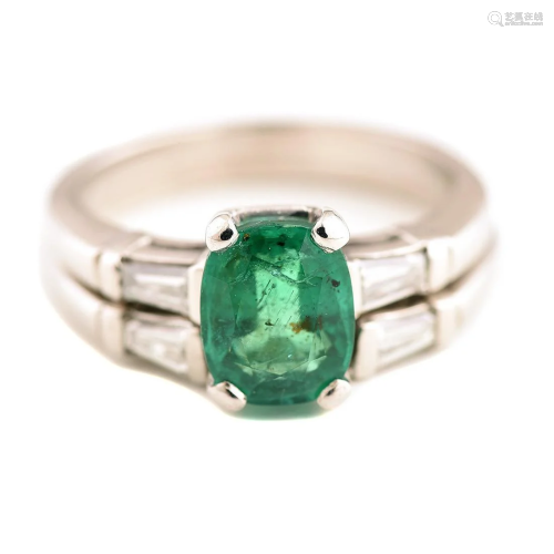 Emerald, Diamond, Platinum Wedding Ring Set.