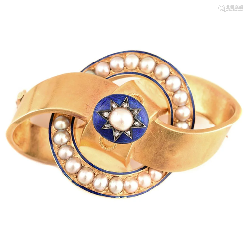 Victorian Grand Period Pearl, Enamel, Diamond, 14k