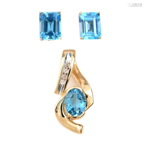 Blue Topaz, Diamond, 14k Yellow Gold Jewelry Suite.