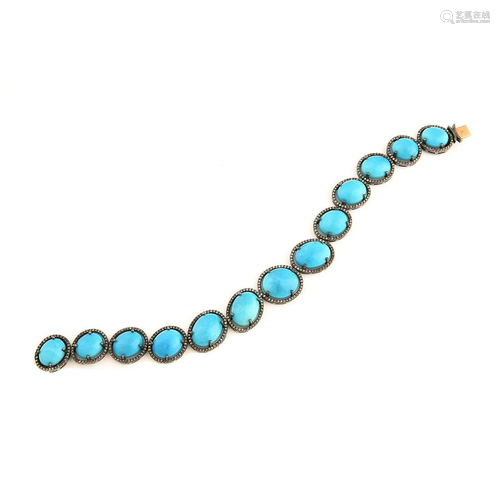 Turquoise, Diamond, Blackened Sterling Silver Brac…