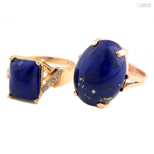 Collection of Two Lapis Lazuli, 14k Yellow Gold Rings.