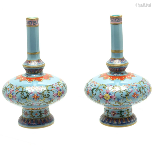 Pair of Chinese Famille Rose Enameled Bottle Neck Va…