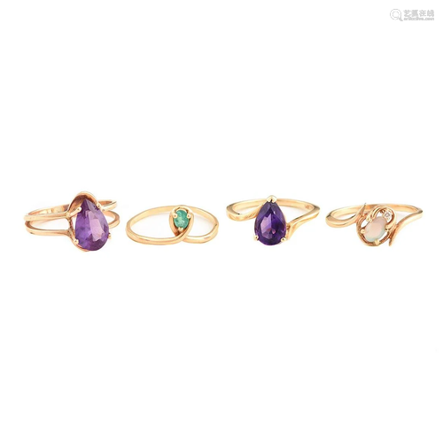 Collection of Four Multi-Stone, Diamond, 14k Yellow