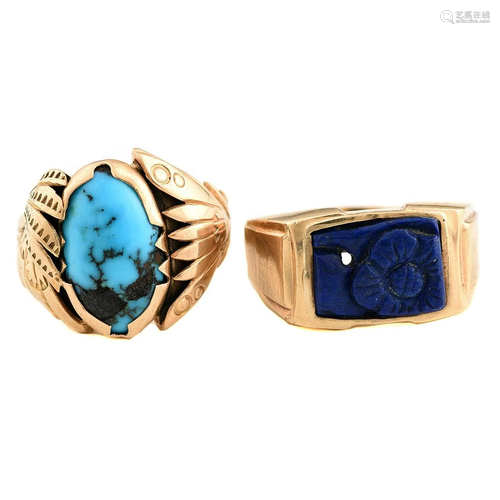 Collection of Two Lapis Lazuli, Turquoise, 14k Yellow