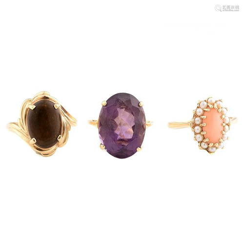 *Collection of Three Multi-Stone, 14k Yellow Gold