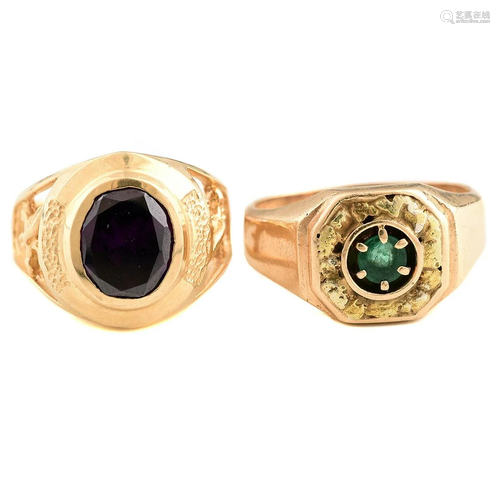 Collection of Two Men's Amethyst, Emerald, 14k Yellow