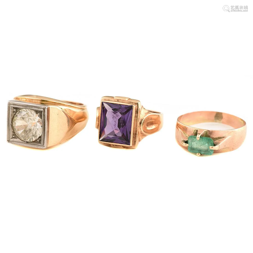 Collection of Three Men's Multi-Stone, Yellow Gold