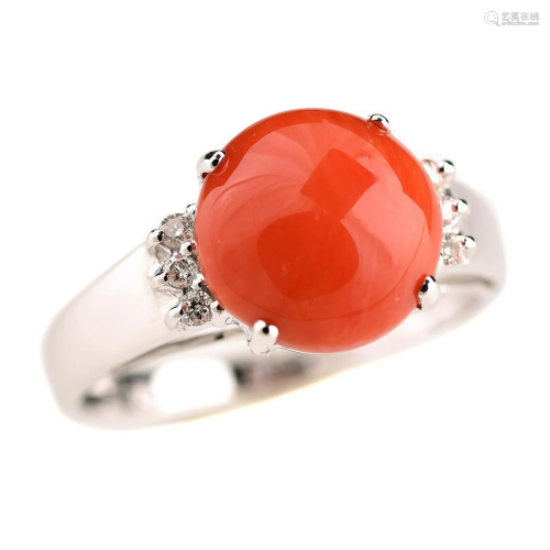 *Coral, Diamond, 14k White Gold Ring.