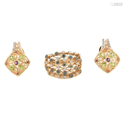 Diamond, Multi-Stone, 14k Yellow Gold Jewelry Suite.