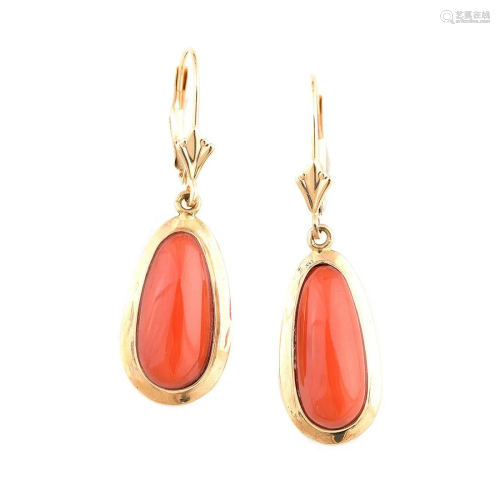 *Pair of Coral, 14k Yellow Gold Drop Earrings.